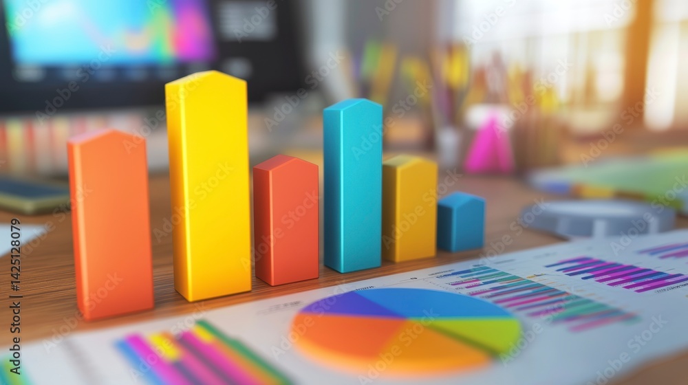 Aufkleber Colorful 3D bar graph and pie chart on desk with computer in background.