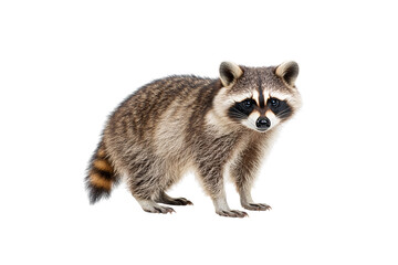 Fototapeta premium Full-body raccoon standing slightly angled, bushy tail visible, black mask marking bold and adorable, isolated on a transparent background