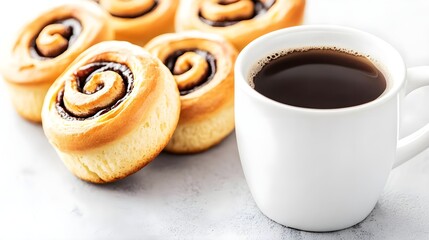 Fototapeta premium Delicious cinnamon rolls and freshly brewed coffee kitchen food photography bright warm atmosphere