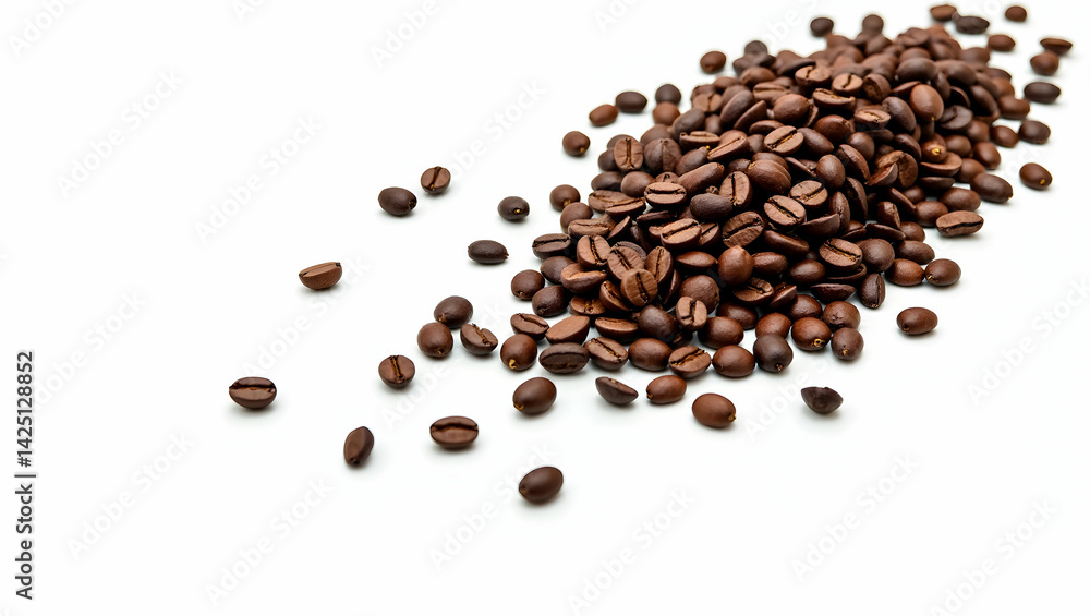 Poster scattered roasted coffee beans on a white surface create a visually appealing image that emphasizes 