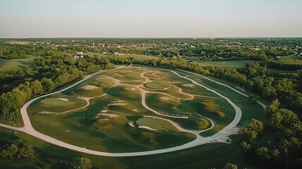 Aerial view of a scenic golf course, nestled in a tranquil countryside setting, near a residential area, perfect for leisure and travel brochures