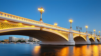 Obraz premium Illuminated bridge at twilight, cityscape backdrop, calm river reflecting lights, ideal for travel brochures