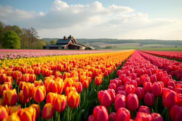 Scenic Tulip Extravaganza, Rows of Vibrant Blooms and Rustic Farm Charm under a Sunny Sky, Showcasing the Beauty of Nature's Palette in a Picturesque Landscape