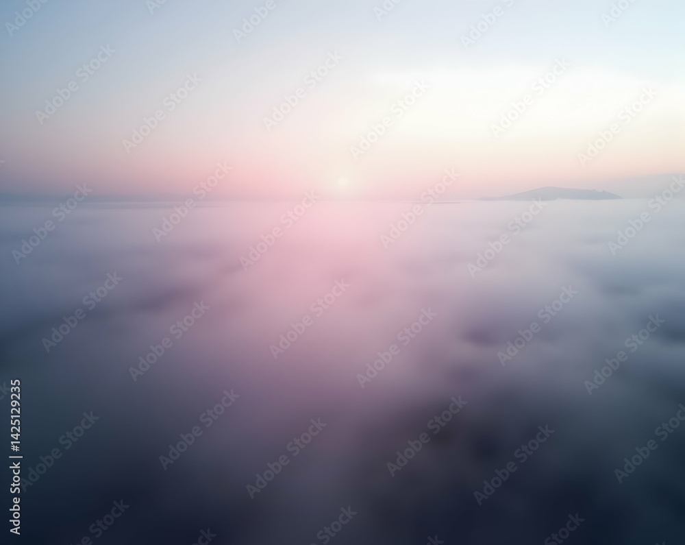 Poster serene aerial view of misty landscape with soft pastel hues and an abstract composition for a calm a