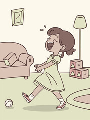 Cartoon Illustration: Happy Girl Playing with Ball in Living Room. Child's Joyful Playtime, Home Interior, Vector Art Style.
