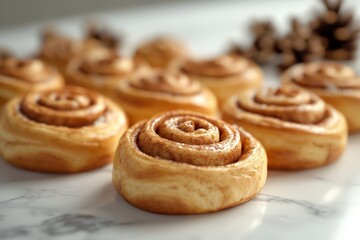 Fototapeta premium Golden brown cinnamon rolls sweet baked goods