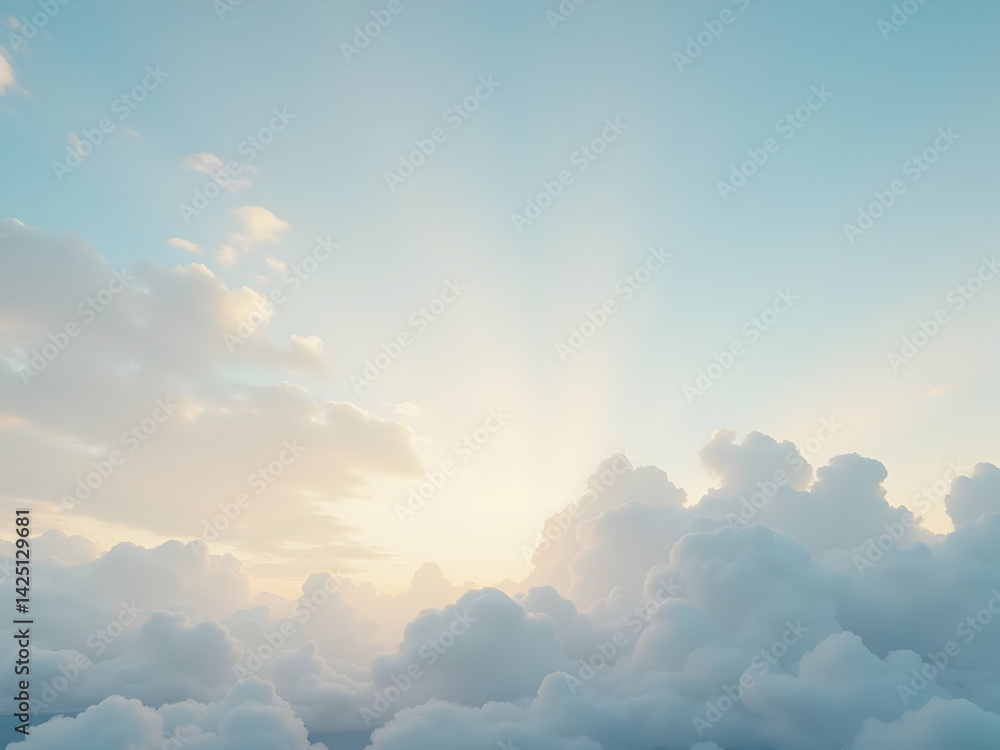 Poster serene cloudscape, a tranquil blue sky scene with soft clouds and a subtle horizon line, ideal for t
