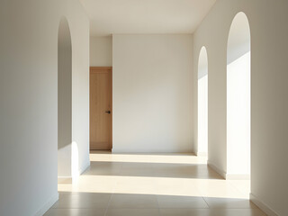 Obraz premium Serene Interior, An Empty Minimalist Hallway Bathed in Natural Light with Arched Passages and a Subtle Warmth Emanating From the Light