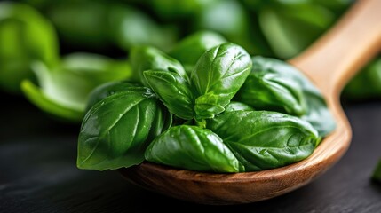 Obraz premium Fresh basil leaves in a wooden spoon. Close-up view of vibrant green basil leaves nestled together in a wooden spoon, against a dark background