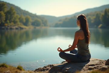 Serene Meditation by the Lake, A Woman Finds Peace and Tranquility in Nature with a Blurred Background Creating a Sense of Calmness and Focus