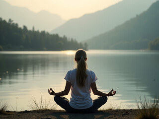 Serene Meditation by the Lake, A Woman Finds Inner Peace with a Breathtaking Mountain View and Soft, Blurring Light Creating a Tranquil Scene