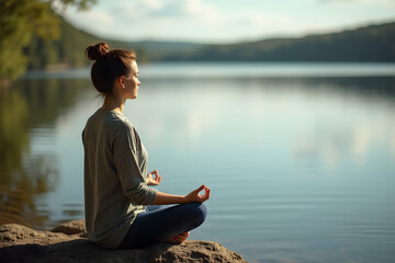 Serene Meditation by the Lakeside, A Woman Finding Inner Peace with Nature's Calm Reflection and Gentle Breeze, Embracing Mindfulness and Tranquility