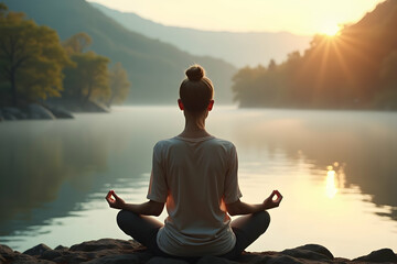 Serene Meditation, A person finds tranquility and balance by a peaceful lake, embracing mindfulness and connecting with nature amidst a blurred, calming vista