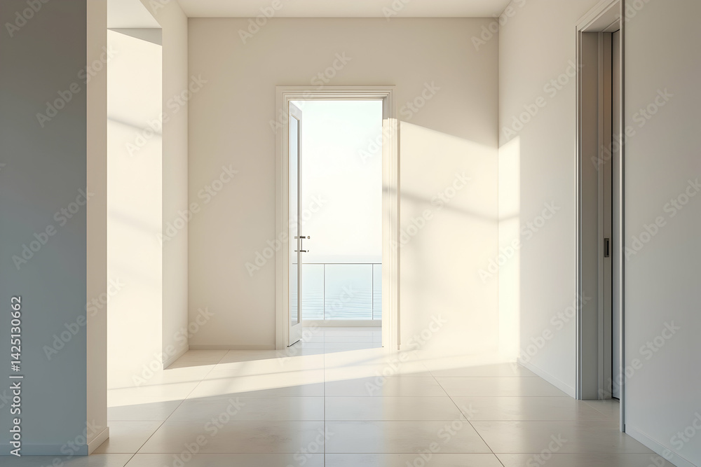 Poster serene minimalism, an empty hallway bathed in natural light, evoking tranquility and openness with a