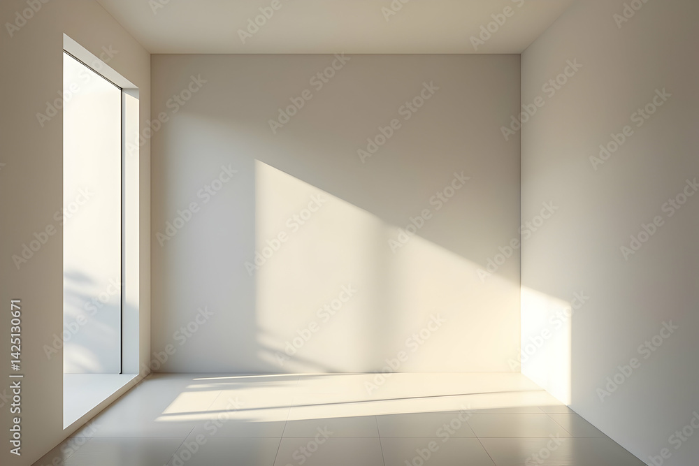 Poster serene minimalism, an empty hallway bathed in natural light showcasing a calming and peaceful ambien