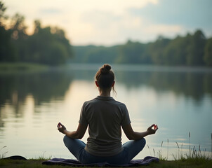 Serene Meditation, Woman Finding Peace by the Lake with Blurred Background, Embracing Mindfulness and Tranquility in Nature's Embrace During Peaceful Morning