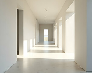 Serene minimalist hallway bathed in natural light, showcasing modern architecture and a sense of calm emptiness for architectural visualization projects