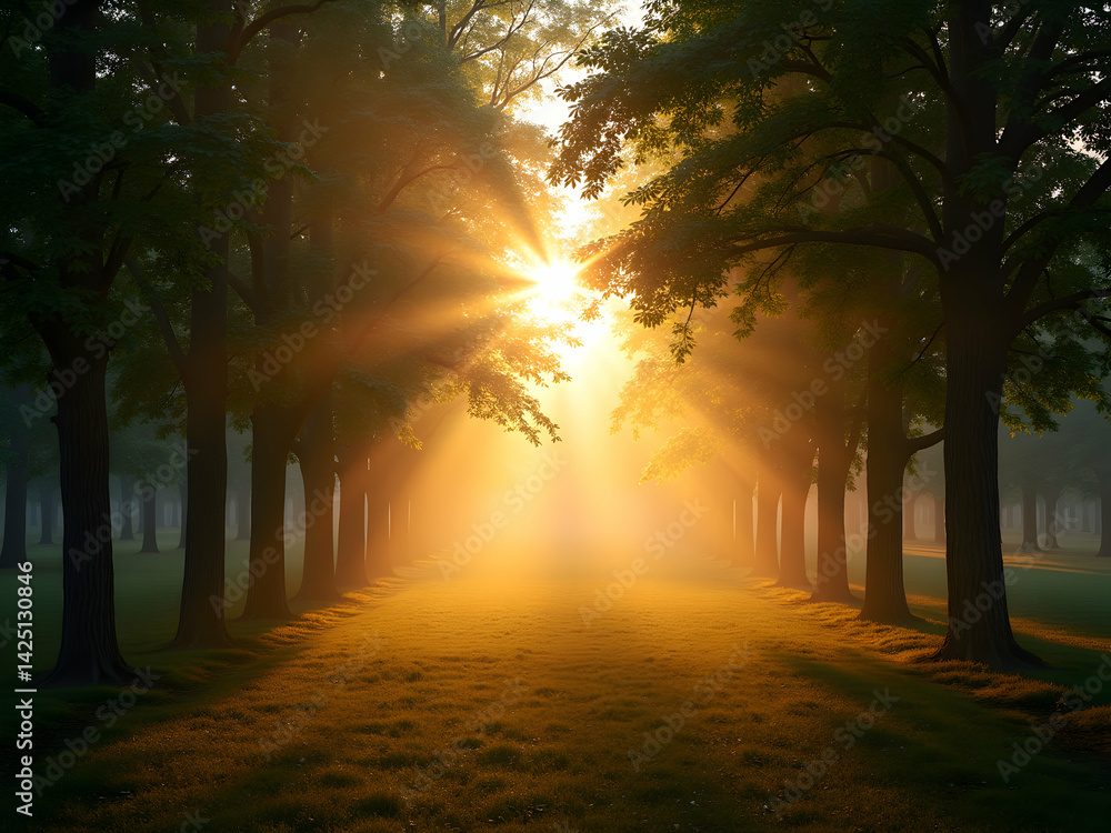 Poster serene morning sunlight filtering through trees in an open landscape, creating a golden pathway of l