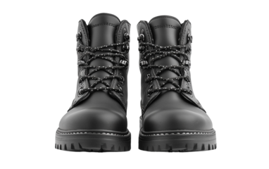 Sturdy black leather work boots with laces, showing signs of wear from hardworking days isolated on white background PNG
