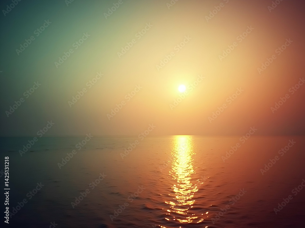Poster serene ocean vista at dusk, a retro-inspired scene with grainy texture and vignette effect capturing