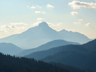 Serene mountain range landscape under a soft blue sky with fluffy clouds, a peaceful vista of nature's grandeur and untouched beauty in the wilderness