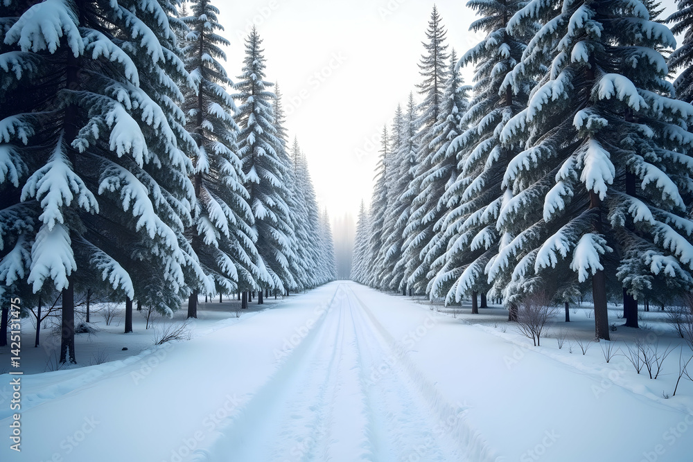 Poster serene snowy forest path with symmetrical trees and open white space, creating a calm and peaceful w