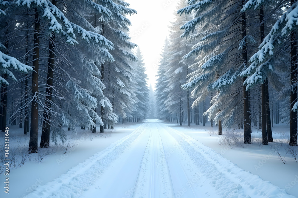 Poster serene snowy path through a winter forest with sunlight filtering through, creating a tranquil and p