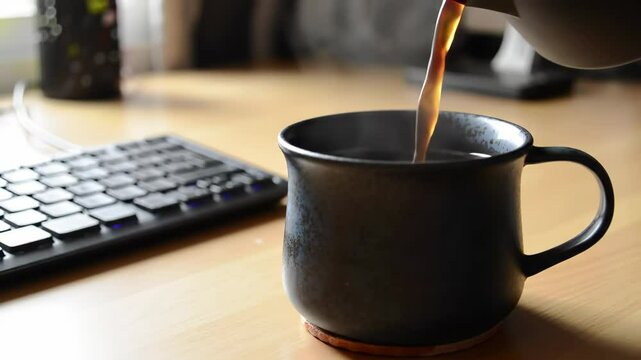 A Close-Up of a Black Ceramic Coffee Mug Next to a Computer Keyboard on a Wooden Desk, Capturing the Essence of a Productive Workspace