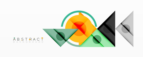 Modern abstract composition. Overlapping geometric shapes create dynamic visual effect. Bright colors, gradients, clean lines define design. Minimalist style.