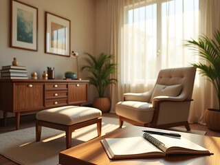 Fototapeta premium Serene Therapy Space, A Warmly Lit Office Interior with Plush Rug, Comfortable Seating, and Natural Light for Consultation and Reflection