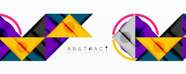Geometric shapes create vibrant abstract patterns. Triangles, arcs, circles combine forming modern design elements. Bold colorsyellow, purple, tealdominate composition.