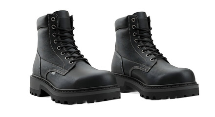 A pair of black leather work boots with laces and thick soles on a black background in a studio shot