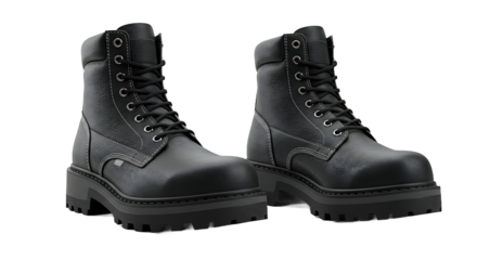 A pair of black leather work boots with laces and thick soles on a black background in a studio shot