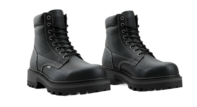 A pair of black leather work boots with laces and thick soles on a black background in a studio shot