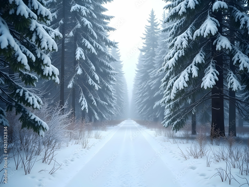 Poster serene winter scene of a snow-covered path winding through a dense forest with tall trees blanketed 