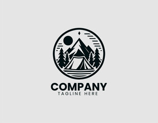 Night Camping Scene Tent Mountains Vector Logo Design