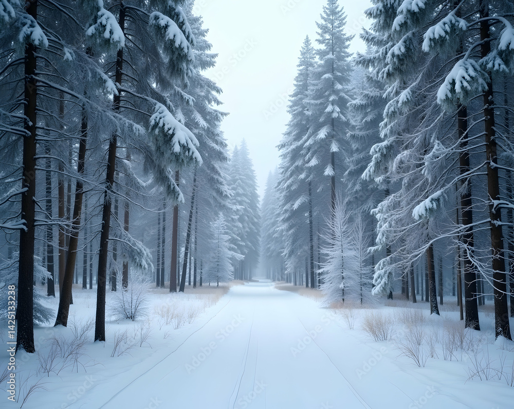 Poster serene winter wonderland scene featuring a snowy forest path leading into the distance with open whi