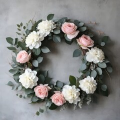 A beautifully crafted wreath adorned with delicate white and soft pink flowers, interspersed with lush green foliage, creating a vibrant and inviting centerpiece for any occasion.