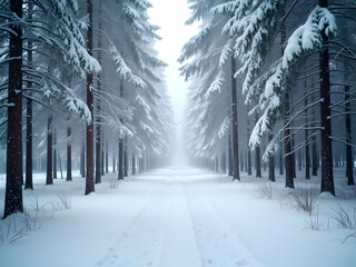 Serene winter wonderland, A snowy forest path leads to an ethereal clearing, creating a peaceful and inviting scene for exploration and contemplation