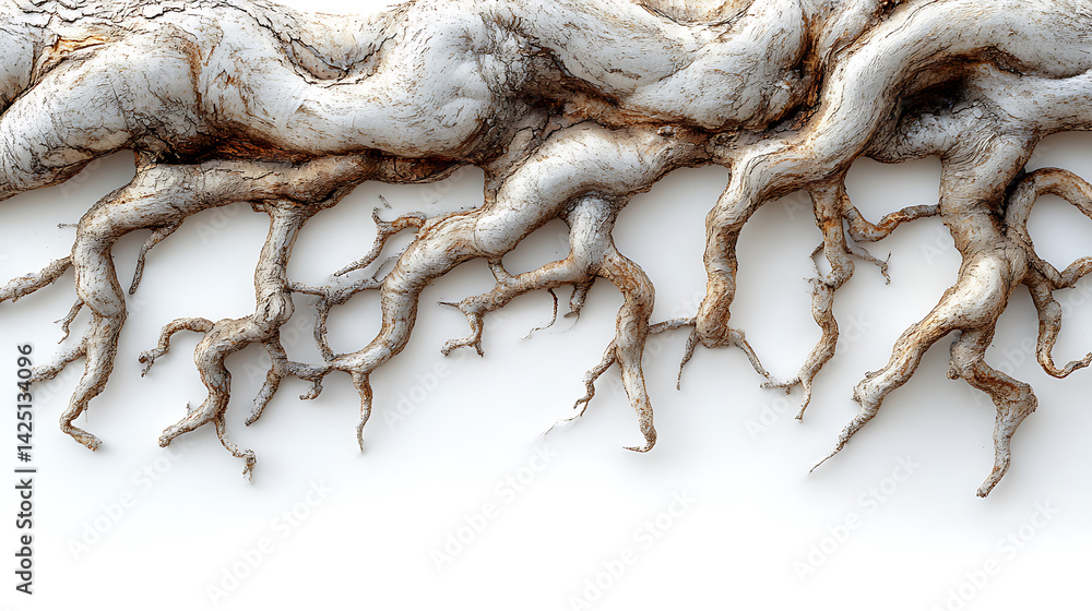 Poster intertwined tree root system detailed close up isolated on white background stock image