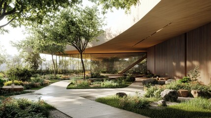 Fototapeta premium Zen garden with modern building with glass windows and trees. Use it for wellness, architecture or landscape design projects.