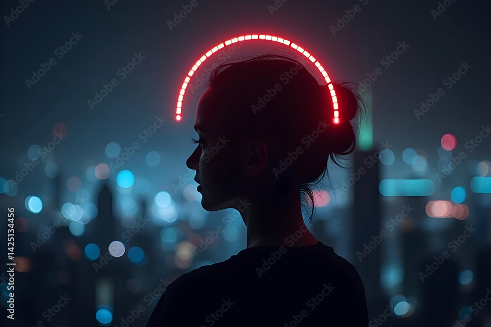 Poster silhouette of a woman with audio frequency arc visualizer, representing cognitive processes and ment