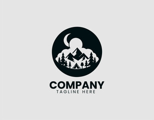 Fototapeta premium Night Camping Scene Tent Mountains Vector Logo Design