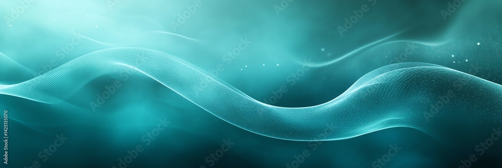 Poster abstract wavy background with turquoise mesh texture and shiny particles