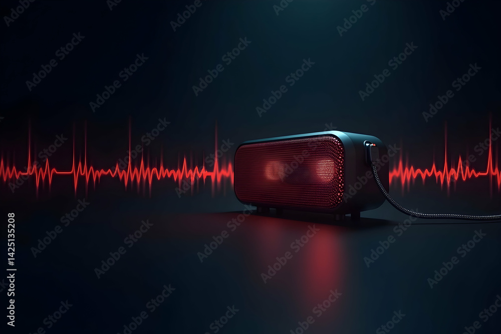 Poster sleek portable speaker with pulsating waveform light, highlighting a modern audio experience with vi