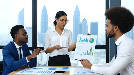 Woman manager is showing annual report chart to her African American colleagues in the executive meeting for next year plan with city skyline background for global business and investment concept