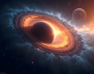 Obraz premium Spectacular cosmic event, where spacetime bends dramatically around a celestial mass, adorned with glowing plasma and distant celestial bodies, an awe inspiring display