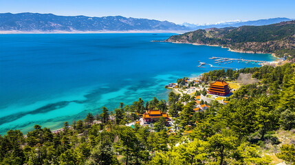 Fototapeta premium Lakeside temple, mountain view, clear water, sunny day, travel destination
