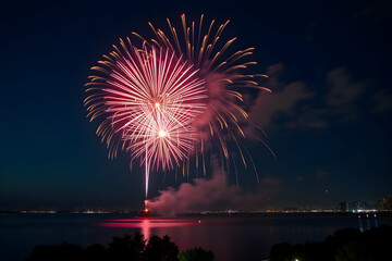 Spectacular Fireworks Display Illuminating the Night Sky Over a Calm Lake, Creating a Vibrant Celebration Atmosphere with City Lights Reflecting in the Water
