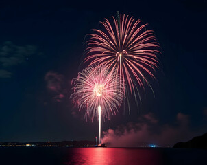 Spectacular Fireworks Display Illuminating the Night Sky Over a Tranquil Body of Water, Bursting with Vibrant Colors and Creating a Festive Atmosphere